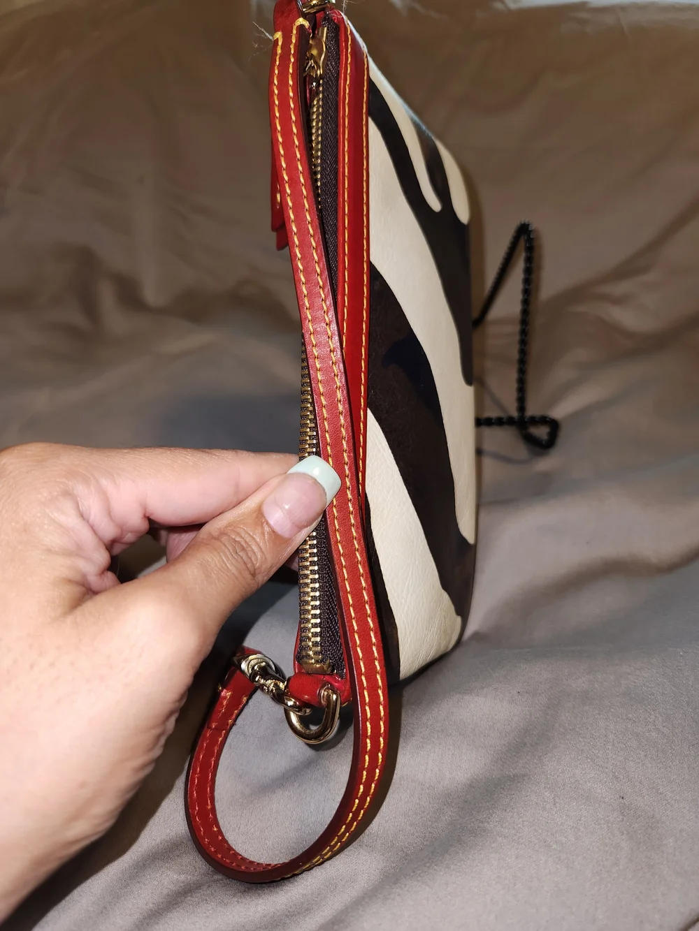 Dooney & Bourke Brown White Wristlet with Red Trim